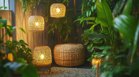 A cozy indoor scene with woven lights and baskets, surrounded by vibrant greenery, creating an inviting and natural aesthetic. Concept: Indoor Decor Inspiration, Woven Lights, Greenery Accentsの素材