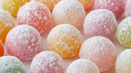 A delicious assortment of colorful mochi balls dusted with powdered sugar, showcasing their soft texture and vibrant colors as a perfect treat. Concept: Mochi Treats, Powdered Sugar, Sweet Delights, Colorful Dessertsの素材