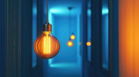 A glowing light bulb hangs in a corridor, reflecting warm orange light against a blue background with mirrored surfaces, creating an atmospheric ambiance. Concept: Pendant Light, Corridor Lighting, Color Contrast, Ambient Decorの素材