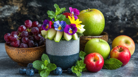 A colorful arrangement of chia seed pudding topped with fruits, mint leaves, and flowers, accompanied by a bowl of fresh apples and grapes. Concept: Chia Seed Pudding, Fruit Toppings, Fresh Mint Garnishの素材