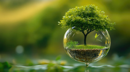 A delicate tree sprouting from a water droplet, set against a blurred green backdrop, symbolizing the delicate balance of nature and growth. Concept: Nature Growth, Water Droplet, Nature Symbolismの素材