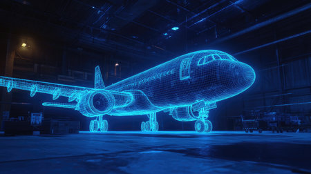 A glowing blue wireframe model of an airplane in a dimly lit hangar, showcasing a futuristic approach to aircraft design. Concept: Airplane Design, Wireframe Model, Hangar Technologyの素材