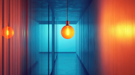 A glowing light bulb hangs in a corridor, reflecting warm orange light against a blue background with mirrored surfaces, creating an atmospheric ambiance. Concept: Pendant Light, Corridor Lighting, Color Contrast, Ambient Decorの素材