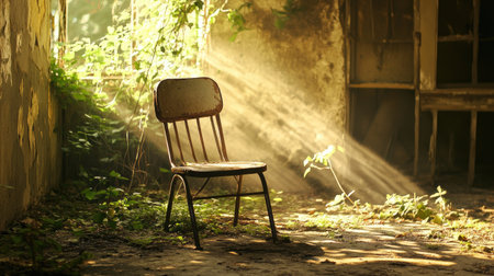 A forgotten, weathered chair in a sun-drenched, abandoned building, surrounded by nature reclaiming the space. Concept: Abandoned Space, Weathered Chair, Nature Lightの素材