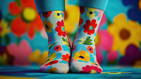 A close-up of floral-patterned socks worn by a person, with a bright and contrasting background, showcasing a unique and colorful fashion style. Concept: Colorful Floral Socks, Creative Photography, Textile Patternsの素材