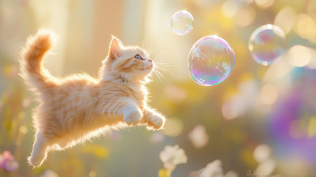 A fluffy cat playfully jumps toward a colorful bubble, with a soft, blurred background that emphasizes the whimsical moment and playful energy. Concept: Fluffy Cat, Playful Jump, Colorful Bubbles, Soft Backgroundの素材