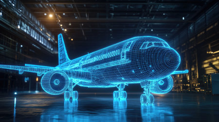 A futuristic, glowing blue wireframe model of an airplane displayed in a dimly lit hangar, capturing cutting-edge design in aviation technology. Concept: Futuristic Airplane, Glowing Wireframe, Hangar Environmentの素材