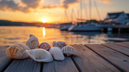 A beautiful collection of seashells arranged on a wooden dock at sunset, with boats and a lively waterfront scene in the background. Concept: Seashell Collection, Sunset Photography, Waterfront Sceneの素材