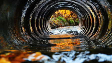 A close-up view of water swirling through a circular tunnel, creating mesmerizing patterns with reflections and vibrant colors, adding depth to the scene. Concept: Water Swirling, Circular Tunnel, Mesmerizing Patternsの素材
