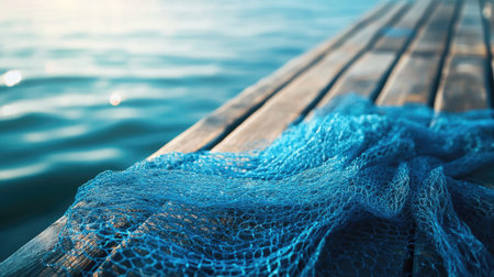 A close-up view of a blue fishing net draped on a wooden dock, with the serene ocean in the background and soft sunlight illuminating the scene. Concept: Fishing Net, Wooden Dock, Serene Ocean Viewの素材