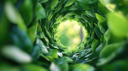 A dynamic swirl of green leaves forms a natural vortex, with blurred backgrounds enhancing the fresh, natural aesthetic. Concept: Vortex of Leaves, Fresh Nature, Organic Beautyの素材