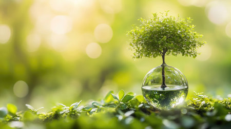 A delicate tree sprouting from a water droplet, set against a blurred green backdrop, symbolizing the delicate balance of nature and growth. Concept: Nature Growth, Water Droplet, Nature Symbolismの素材