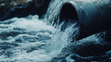 A close-up of a pipe releasing wastewater into a river, symbolizing water pollution and environmental concerns. Concept: Sewerage Pipe, Wastewater, River Pollutionの素材