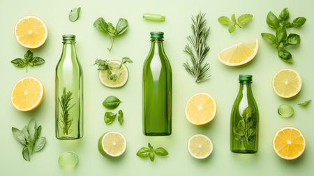 A flat lay of fresh herbs, citrus fruits, and green bottles arranged neatly on a light green background, creating a refreshing, vibrant scene. Concept: Fresh Herbs, Citrus Fruits, Green Themed Photographyの素材