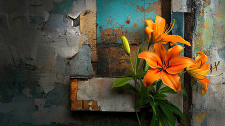 A vibrant scene of orange lilies and old paper texturesの素材