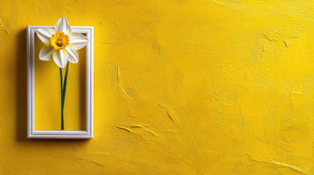 Artistic daffodil presentation within a slim frame against yellowの素材