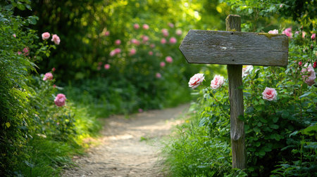 A path through roses leads to a timeworn wooden signpost, a picture of nostalgia and nature beautyの素材