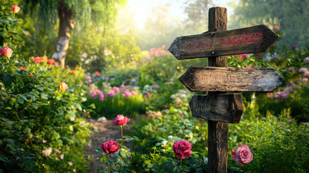 An aged wooden signpost points in various directions amidst a lush rose garden in full bloom, under soft morning lightの素材