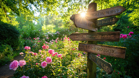 An aged wooden signpost points in various directions amidst a lush rose garden in full bloom, under soft morning lightの素材