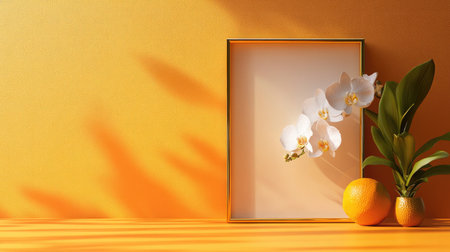 A modern still life of orchids and gold frame set on an orange gradientの素材