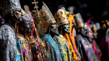 Holy Week procession moves through historic Spanish district, participants in ornate robes and religious gearの素材