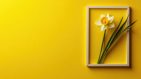 A single daffodil placed inside frame pops on lemon yellow backgroundの素材