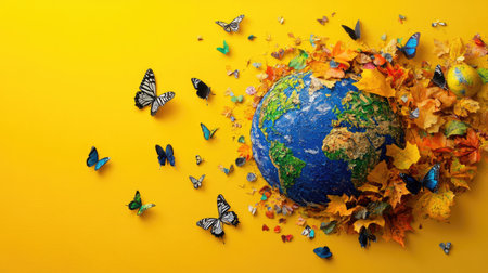 Autumn-themed Earth with falling leaves and butterflies on a radiant yellow canvasの素材