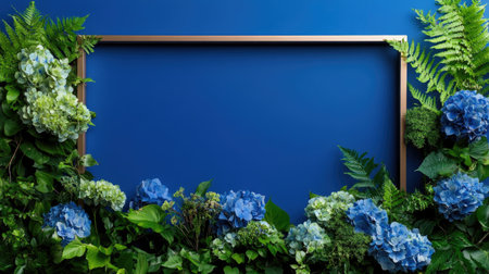 Artistic floral display of hydrangea and fern in a rose-gold frame on blueの素材