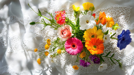 A top-down view of fresh flowers atop a white lace doily, with gentle lightingの素材