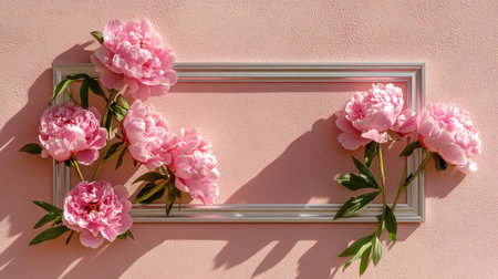 Blooming peonies in silver border on peach-hued background with gentle shadowsの素材