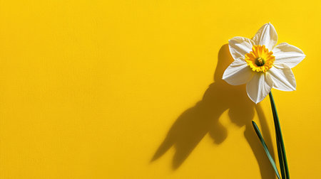 Bright yellow background framing a solitary daffodil in clean linesの素材