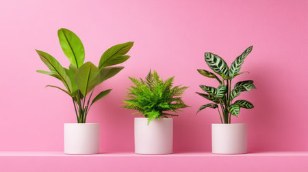 Clean botanical setup with three plants in a row, pink tones adding warmthの素材