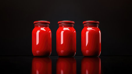 Clean, bold image of three red jars with reflections, perfectly spacedの素材