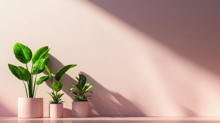 Clean botanical setup with three plants in a row, pink tones adding warmthの素材