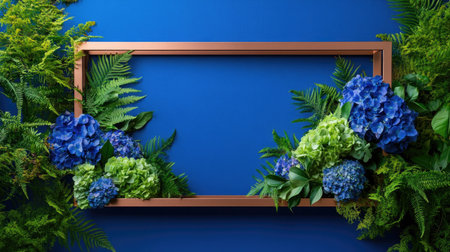 Bold blue backdrop contrasts a rose-gold frame filled with hydrangea and fernの素材
