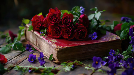 Deep red roses and delicate violets lie atop elegant hardcover booksの素材