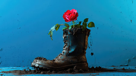 An unexpected flower pot: boot filled with rose and dirt, on bold blueの素材