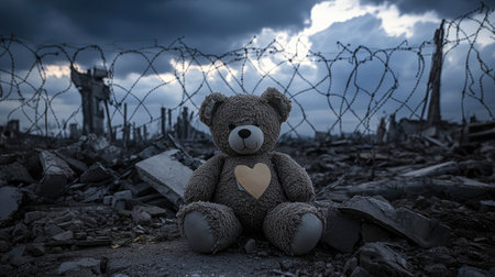 Soft toy amid war-torn wreckage under dramatic sky, a heartbreaking symbol of lost childhoodの素材
