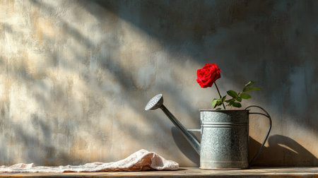 Gentle still life: metal watering can, single rose, and vintage clothの素材