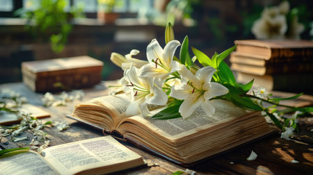 Beautifully arranged lilies resting on literary treasuresの素材