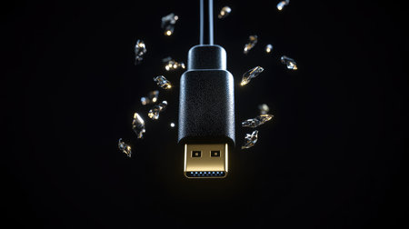 Futuristic tech element - USB-C port emitting light in total black background, floating mid-airの素材