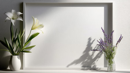 Minimalist light gray frame with elegant lily and sprigs of lavenderの素材