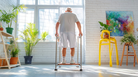 Bright rehab space with an older man using parallel bars, progressing through physiotherapy sessionの素材