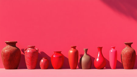 Bright red vessels lined up on pink, emphasizing color and formの素材