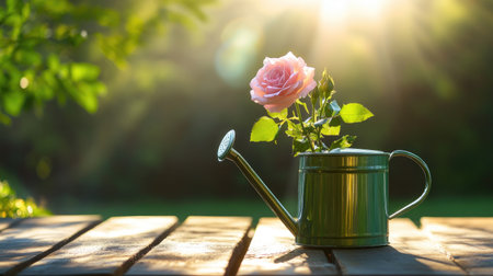One elegant rose displayed in a watering can on an outdoor tableの素材