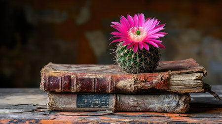 Close-up of pink cactus flower atop dusty books with cracked leather coversの素材