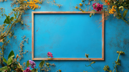 Frame in rose-gold tones showcasing floral textures against a vibrant blue sceneの素材