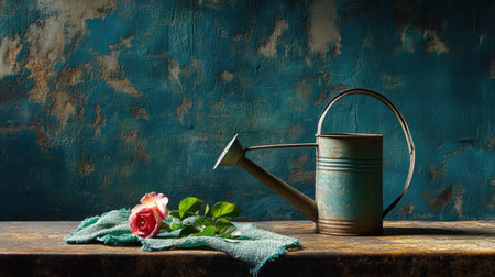 Gentle still life: metal watering can, single rose, and vintage clothの素材