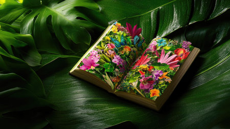 Open book bursting with floral color, laying softly on a jungle leafの素材