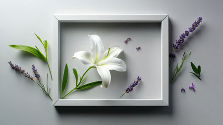 White lily and soft lavender arranged in a light gray frame on a clean backgroundの素材